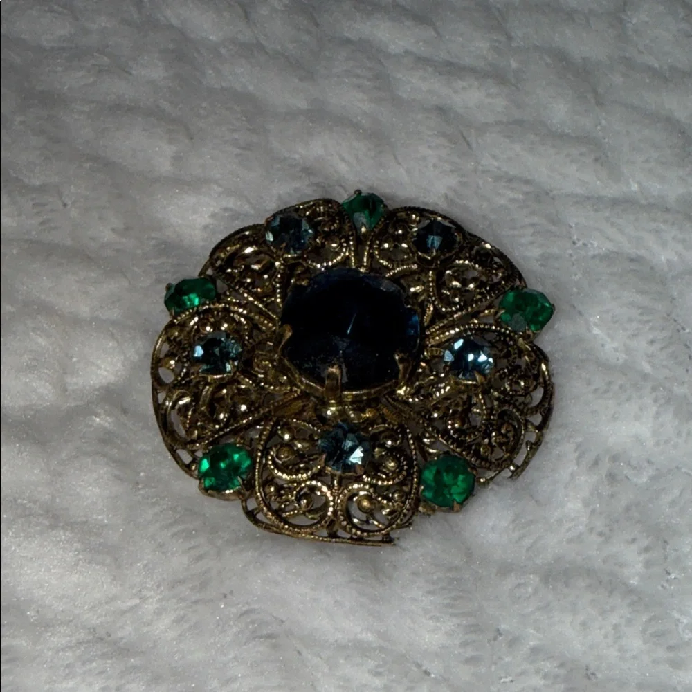 Antique Czech Filigree Flower Brooch Blue and Emerald Rhinestones Vintage